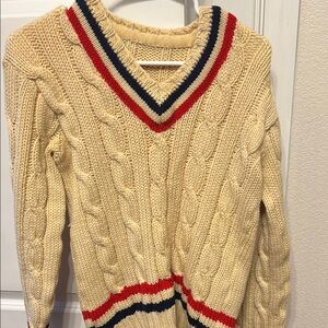 Cream V-Neck Cable Knit Sweater with Striped Trim